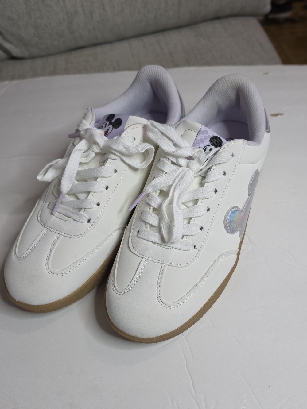 Disney White Sneakers with Iridescent Mickey Accent and Lavender Trim